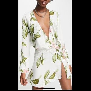 ASOS Design bias cut drape mini dress with button detail in rose print